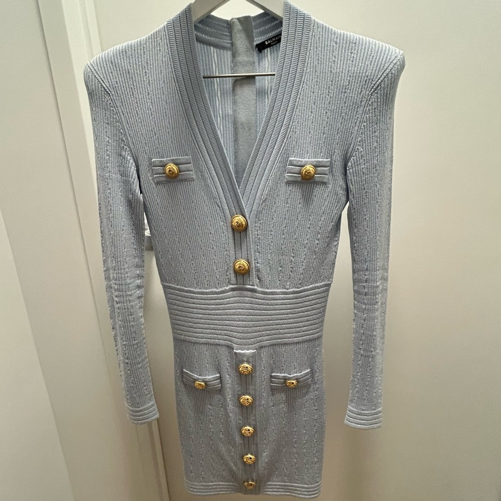 AUTHENTIC BALMAIN Long Sleeve Buttoned Short Knit Dress